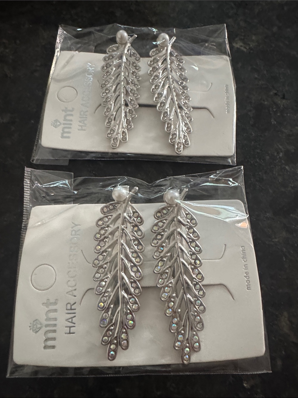 Mint Silver Leaf Drop Hair Clips with Crystal Accents